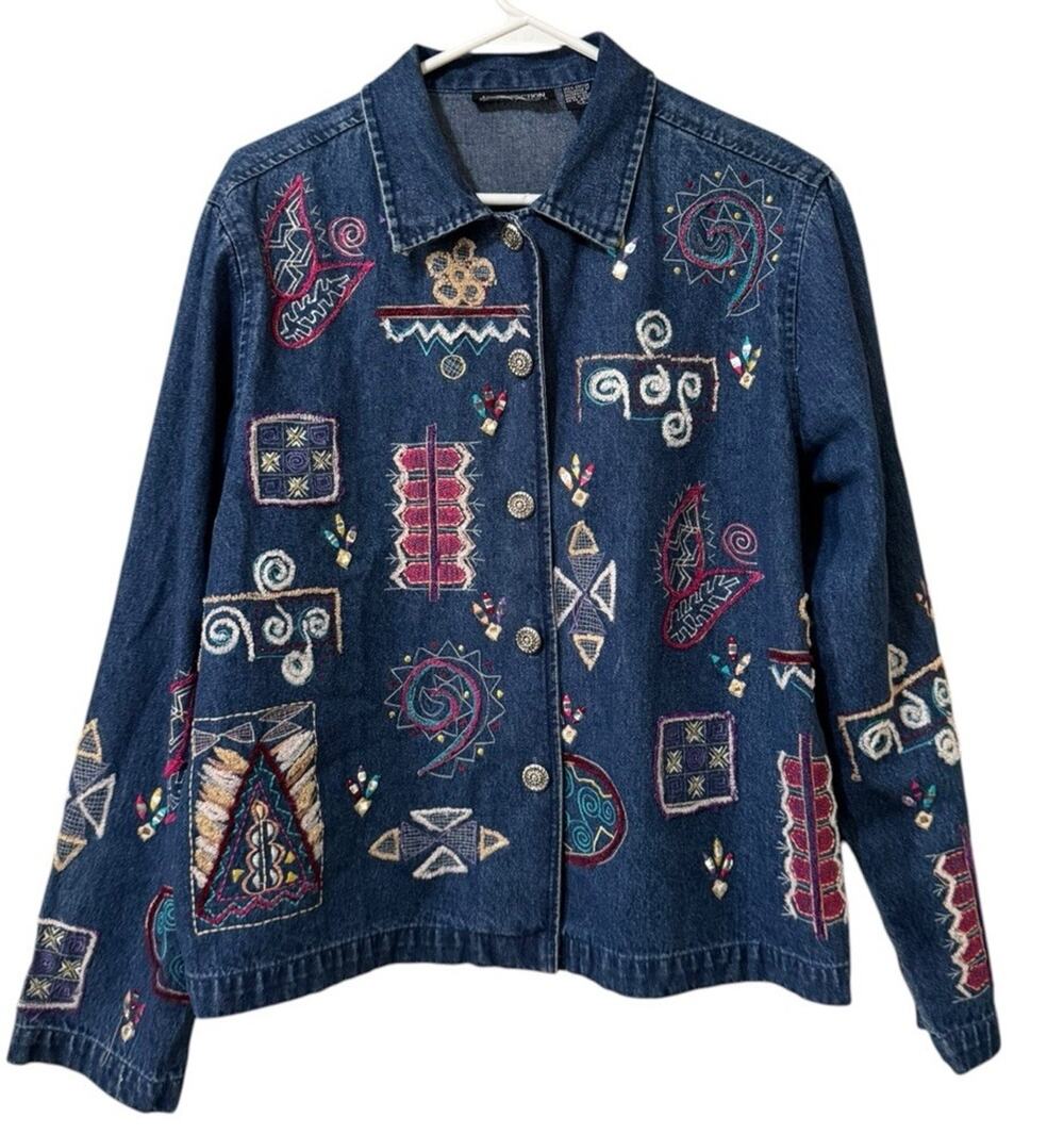 New Direction Denim Jacket Women Large Embroidered Patches Buttons Sparkle Aztec